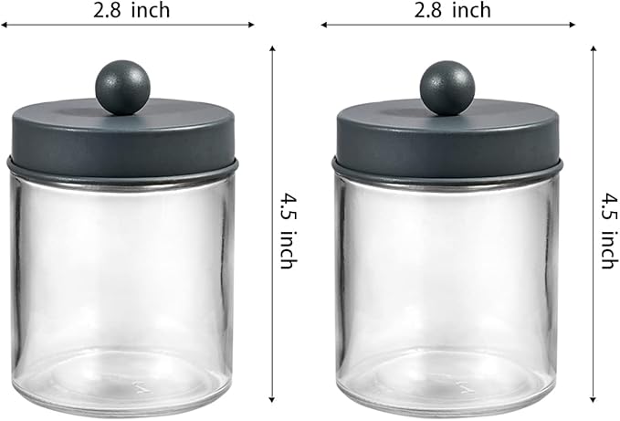 Amolliar Apothecary Jars Bathroom Storage Organizer - Cute Qtip Dispenser Holder Vanity Canister Jar Glass with Lid for Cotton Swabs,Rounds,Bath Salts,Makeup Sponges,Hair Accessories/Grey（2 Pack）