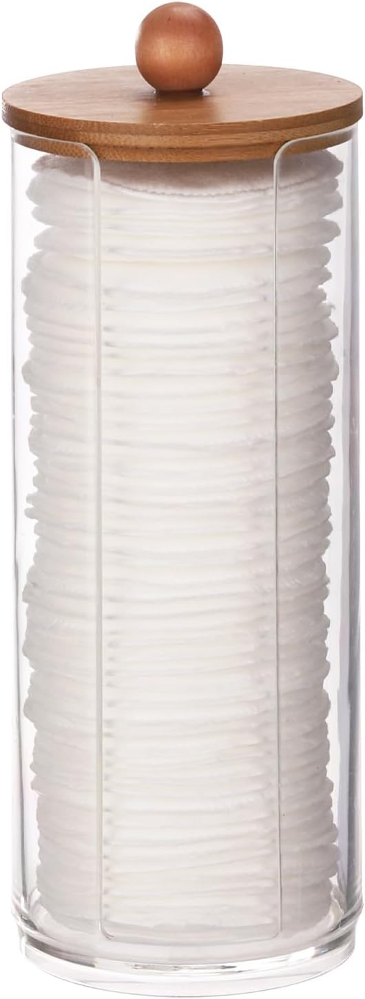 Tecbeauty Cotton Pads Holder Makeup Removers Organizer Bathroom Storage Cotton Rounds, Clear, Wood Lid
