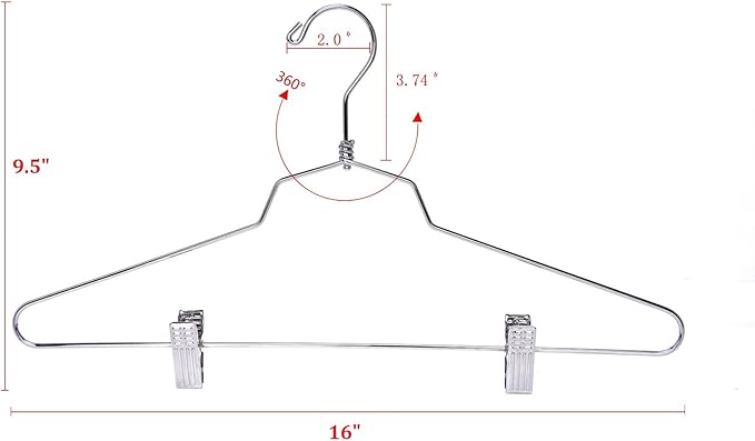 Quality Hangers Metal Skirt Hangers with Clips 10 Pack - Wire Pants Hangers with Swivel Hook - Heavy Duty Hangers for Jeans with Adjustable Metallic Clips - Ideal Clothing Hangers (10, 16")