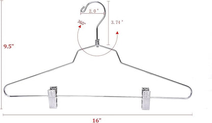 Quality Metal Skirt Hangers With Clips 100 Pack - Wire Pants Hangers With Swivel Hook - Heavy Duty for Jeans With Adjustable Metallic Clips - Ideal for Clothing (100, 16")