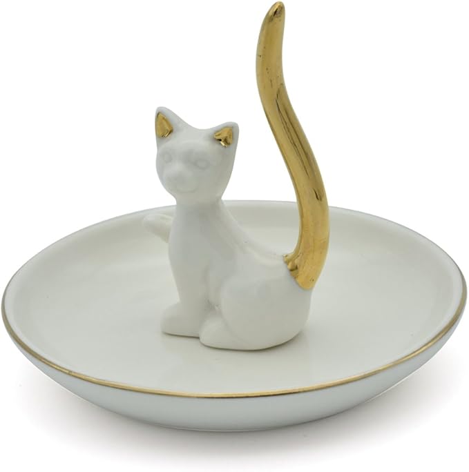 Love Cat Posture Ring Holder Jewelry Storage Dish Trinket Tray Decorative White Plated Golden Tail.