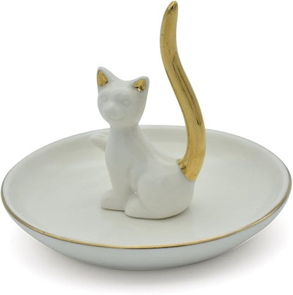 Love Cat Posture Ring Holder Jewelry Storage Dish Trinket Tray Decorative White Plated Golden Tail.