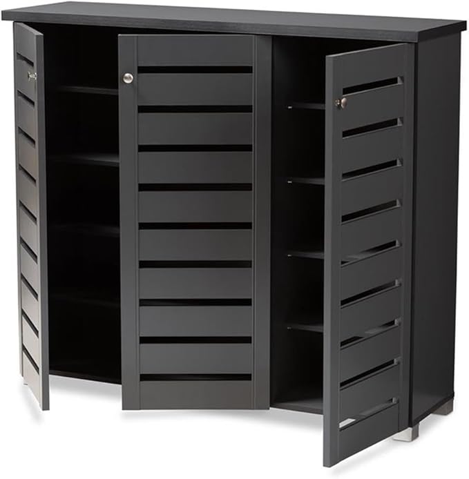 BOWERY HILL 3-Door Wood Entryway Shoe Cabinet, Dark Gray Finish, Engineered Wood Construction, Ventilated Slatted Doors, Holds 20 Pairs, Contemporary Style Shoe Storage for Entryway or Hallway Use