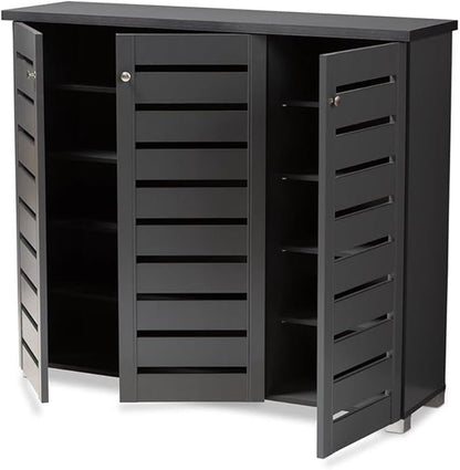 BOWERY HILL 3-Door Wood Entryway Shoe Cabinet, Dark Gray Finish, Engineered Wood Construction, Ventilated Slatted Doors, Holds 20 Pairs, Contemporary Style Shoe Storage for Entryway or Hallway Use