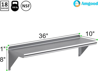 AmGood 10 in. x 36 in. Stainless Steel Wall Shelf | NSF | Metal Shelving | Garage, Laundry, Storage, Utility Room | Restaurant, Commercial Kitchen