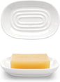Ceramic Soap Dish for Bath Sink- Modern White Bar Soap Holder for Shower - Easy to Clean Multi-Purpose Oval Soap Dishes for Soap Bar, Sponges, Jewelry, Small Items | Fits Bathroom & Kitchen