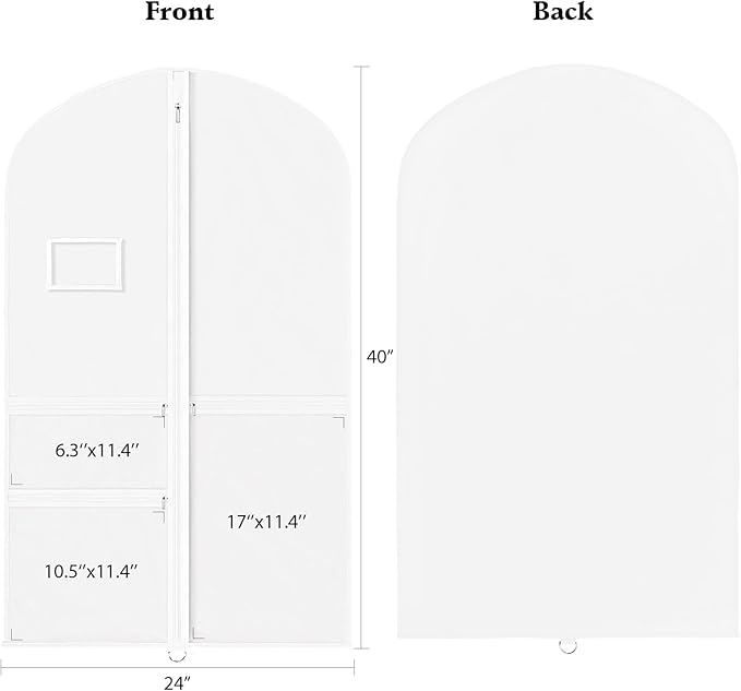 Univivi Dance Costume Garment Bags for Kids, 40 Inch Foldable Garment Bags for Dance Costumes with Clear PVC Window and 3 Zipper Pockets for Dance Competition, White (5 Pack)