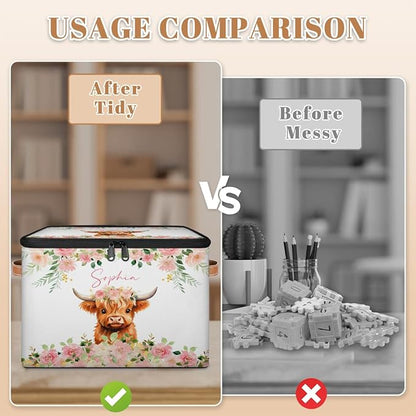 Custom Highland Cow Storage Bins with Lid, Foldable Personalized Storage Basket Boxes with Handle Pink Flower Shelf Basket Closet Organizer Cube