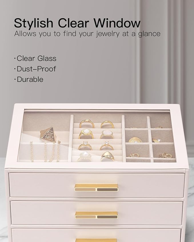 VLANDO Jewelry Box for Women, Glass Lid Jewelry Organizer with 3 Drawers for Necklaces Rings Earrings Bracelets - Light Pink