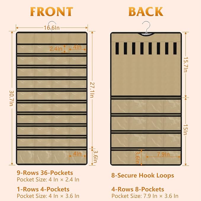 Hanging Jewelry Organizer 1 pack, Double-Sided,Multi-pocket-48 Pockets + 8 hook for Earrings/Necklaces/Rings/Bracelets, Sturdy Hooks fits Closet/Wall/Door, Gift for Women