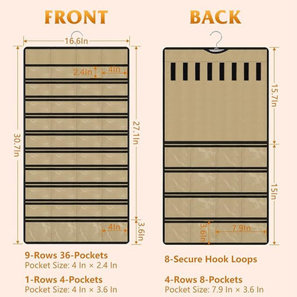 Hanging Jewelry Organizer 1 pack, Double-Sided,Multi-pocket-48 Pockets + 8 hook for Earrings/Necklaces/Rings/Bracelets, Sturdy Hooks fits Closet/Wall/Door, Gift for Women
