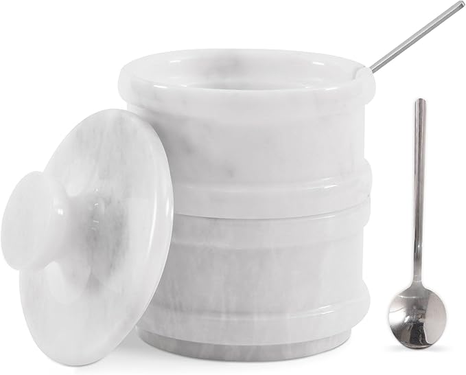 Radicaln Handmade Marble White 5.5” Dual Salt Cellar & Brown Sugar Keeper – 2.3” Each Herb Jar Salt Dish Kitchen Accesorries – Ideal For Jewelry, Butter, Sugar & Home Décor