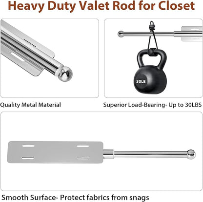 12-23 Inch Valet Rod for Closets Pull Out,Retractable Closet Valet Rod Slide Out,Heavy Duty Valet Rod for Closet Space, Laundry Room, RV, Wardrobes (Silver)