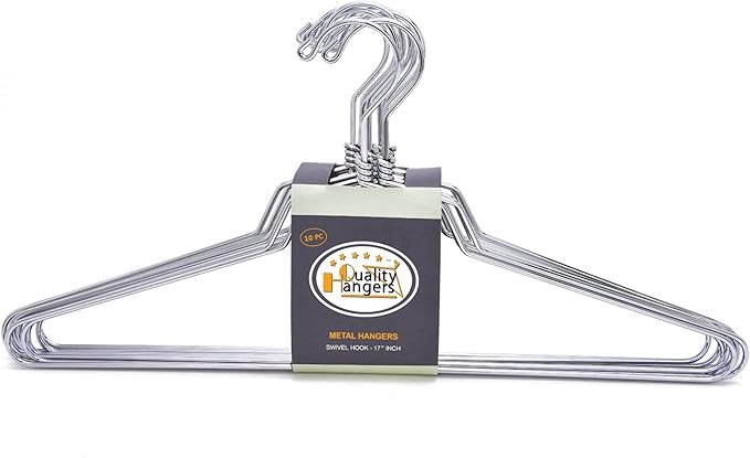 16" Quality Metal Hangers, 10-Pack, Swivel Hook, Stainless Steel Heavy Duty Wire Clothes Hangers, Heavy-Duty Clothes, Jacket, Shirt, Pants, Suit Hangers (10, 16" inch)