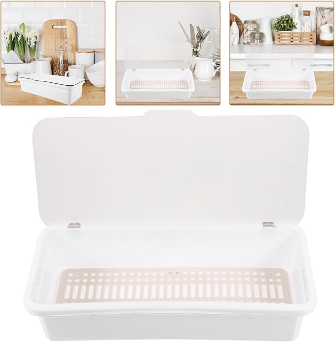 Alipis Plastic Silverware Tray with Lid, Silverware Countertop Storage Container Kitchen Cutlery and Utensil Drawer Organizer for Kitchen Flatware Spoons Forks White