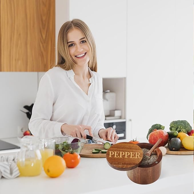 Timtopno PEPPER Cellar, Acacia Wood Salt Container with Built-in Spoon & Swivel Lid, Engraved PEPPER Box, Salt Holder Bowl for Countertop Seasoning Storage