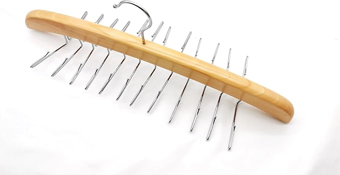 Richards Wooden Tie Rack Hanging Organizer for Mens Closet Accessories, Space Saving Necktie Holder for Storage and Display, Holds 24 Ties, Hook, Natural Wood with Chrome Accents