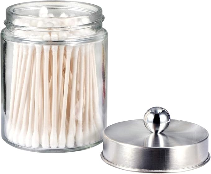 Amolliar Apothecary Jars Bathroom Vanity Organizer -Countertop Canister Jar with Storage Lid - Qtip Dispenser Holder Glass for Qtips,Cotton Swabs,Makeup Sponges,Hair Band - Brushed Nickel (1 Pack)