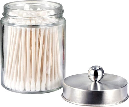 Amolliar Apothecary Jars Bathroom Vanity Organizer -Countertop Canister Jar with Storage Lid - Qtip Dispenser Holder Glass for Qtips,Cotton Swabs,Makeup Sponges,Hair Band - Brushed Nickel (1 Pack)