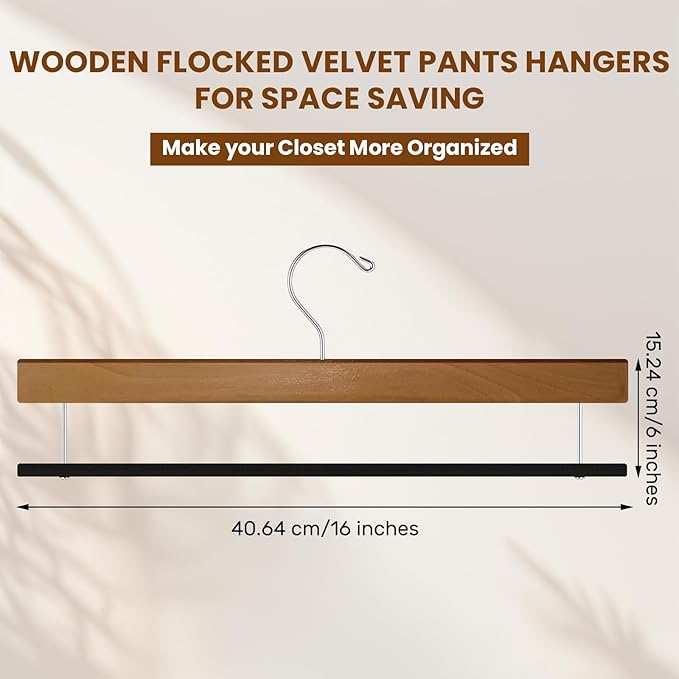 Chunful 30 Pack Wooden Velvet Pants Hangers - 16 Inch Non Slip Wood Pants Hangers with 360 Degree Swivel Hook Heavy Duty Space Saving for Jeans, Shorts & Dresses (Brown)