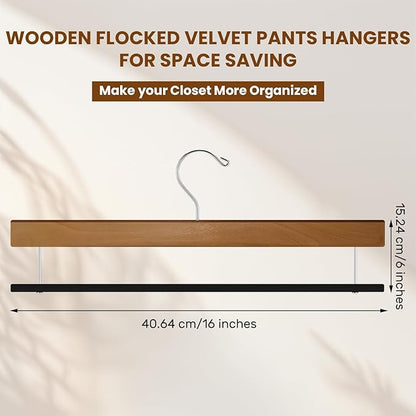 Chunful 30 Pack Wooden Velvet Pants Hangers - 16 Inch Non Slip Wood Pants Hangers with 360 Degree Swivel Hook Heavy Duty Space Saving for Jeans, Shorts & Dresses (Brown)