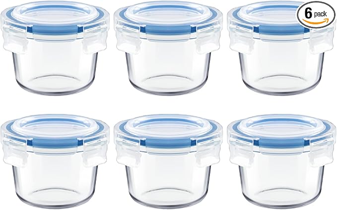 Set of 6 Small Glass Storage Containers, 7 oz Food Containers with No-Spill Lids, Thick Glass Jars for Meal Prep, Baby’s Snacks, Leftovers and Sauces, Dishwasher & Microwave Safe