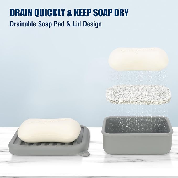 AIMAIAIMAI Leak-Proof Silicone Travel Soap Case with Drainage Lid/Layer, Compact Bar Soap Container, Durable Soap Holder for Camping, Gym, and Travel Size Toiletries (Gray)