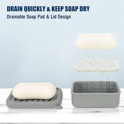 AIMAIAIMAI Leak-Proof Silicone Travel Soap Case with Drainage Lid/Layer, Compact Bar Soap Container, Durable Soap Holder for Camping, Gym, and Travel Size Toiletries (Gray)