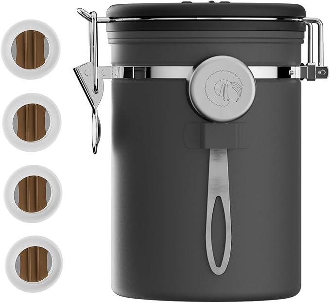 Coffee Gator Coffee Canister, 22oz Airtight Stainless Steel Kitchen Food Storage Container with Date-Tracker, CO2-Release Valve and Scoop for Beans, Grounds, Sugar, Cookies Jars, Tea, Cereal - Gray