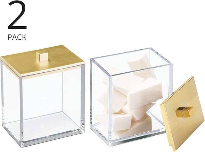 mDesign Plastic Rectangle Apothecary Canister - Organizer for Bathroom Vanity Countertop Shelf Decor - Holds Cotton Swabs, Soap, Makeup, Bath Salts - Lumiere Collection - 2 Pack - Clear/Gold