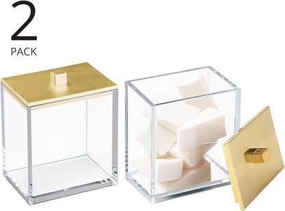 mDesign Plastic Rectangle Apothecary Canister - Organizer for Bathroom Vanity Countertop Shelf Decor - Holds Cotton Swabs, Soap, Makeup, Bath Salts - Lumiere Collection - 2 Pack - Clear/Gold