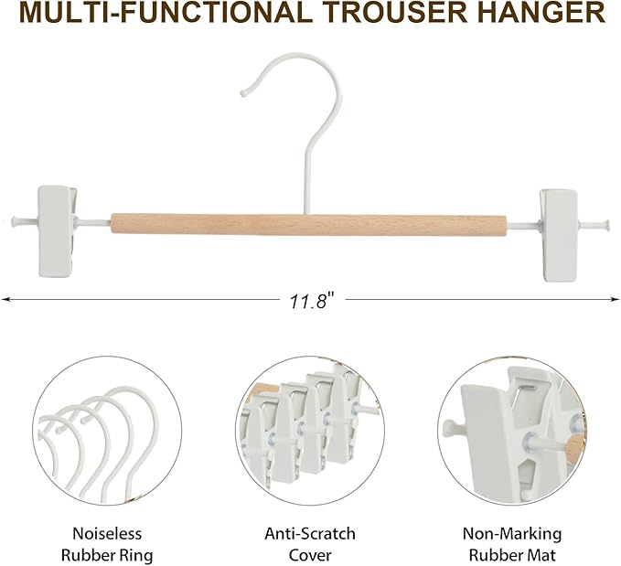 Premium Matt Metal Pants Hanger 20 Pack Smooth Beech Wood Pants Bar,Solid Natural Wooden Pant Bottom Hangers, Trouser Hangers for Slacks Jeans with 2-Adjustable Anti-Rust Clips (Pant Hanger)