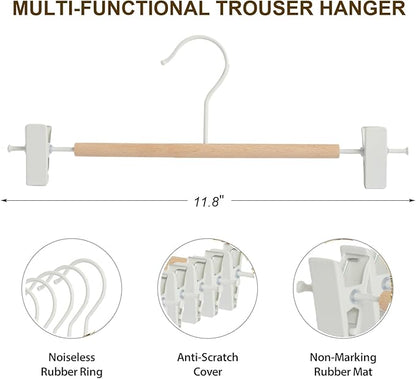 Premium Matt Metal Pants Hanger 20 Pack Smooth Beech Wood Pants Bar,Solid Natural Wooden Pant Bottom Hangers, Trouser Hangers for Slacks Jeans with 2-Adjustable Anti-Rust Clips (Pant Hanger)