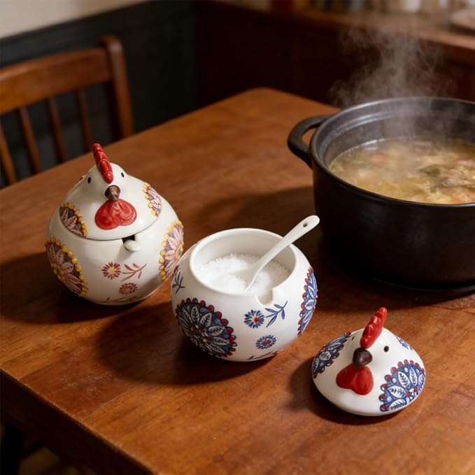 AKAZA 2 Pcs Ceramic Salt Cellar with Lid and Spoon, 13oz Chicken Decor Salt Holder, Airtight Salt Containers For Countertop, Food Storage Canisters for Spices Sugar, Red & Blue (RED+BLUE)