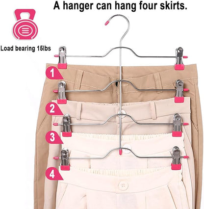 4 Tier Skirt Hangers Space Saving,Metal,Non Slip Closet Organizer and Storage Multi Clothes Shorts Hanger Organization Dorm Room Essentials(Pink 3Pack)