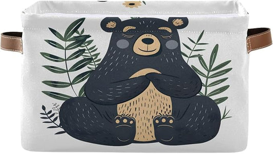 Large Storage Basket Black Bear Storage Bin Cube Canvas Fabric Organizer Handles Collapsible for Clothes Toys Bedroom Decorative