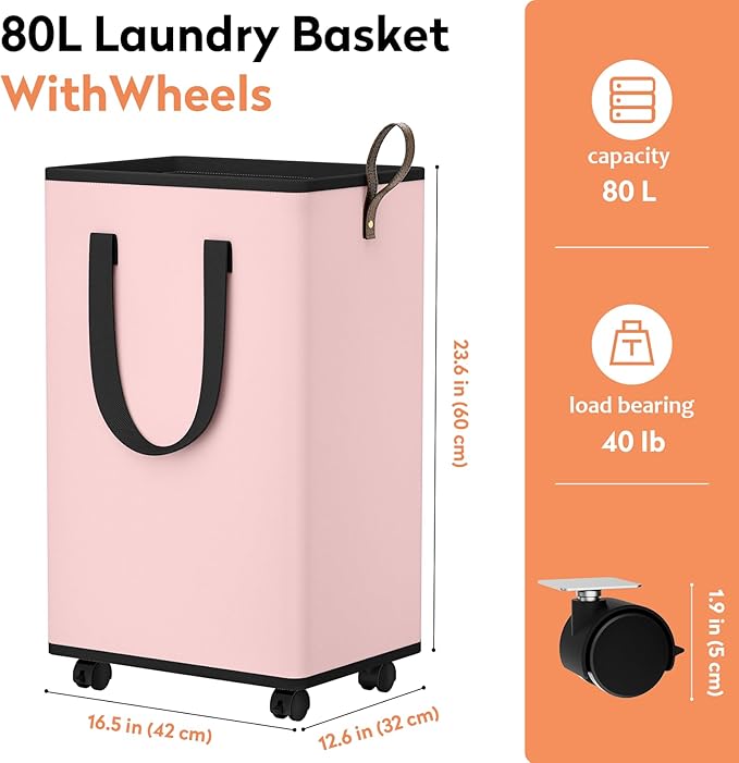SpaceTrove Laundry Basket with Wheels, Collapsible Laundry Baskets, Laundry Hamper with Handles Detachable Wheels, Rolling Laundry Basket, Dirty Clothes Hamper for Bathroom, Dorm, Bedroom, Pink, 80L