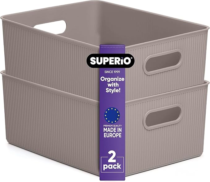 Decorative Plastic Basket Open Home Storage Bins Organizer, Large Taupe (2 Pack) Container Boxes for Organizing Closet Storage Bins for Shelves Drawer Shelf - Ribbed Collection 15 Liter/16 Quart