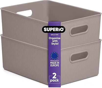 Decorative Plastic Basket Open Home Storage Bins Organizer, Large Taupe (2 Pack) Container Boxes for Organizing Closet Storage Bins for Shelves Drawer Shelf - Ribbed Collection 15 Liter/16 Quart