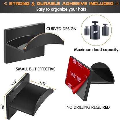 Adhesive Hat Hooks for Wall (16-Pack), Hat Rack for Baseball Caps, Minimalist Hat Display, Strong Hold Hat Hangers, No Drilling, Hat Holder Organizer for Wall (Black)