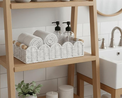 CubesLand Toilet Paper Storage Basket Organizer, Small Wicker Toilet Tank Top Decorative Baskets for Countertop, Handwoven Scalloped Basket w/handle for Home Decor, Living Room, Bedroom, White