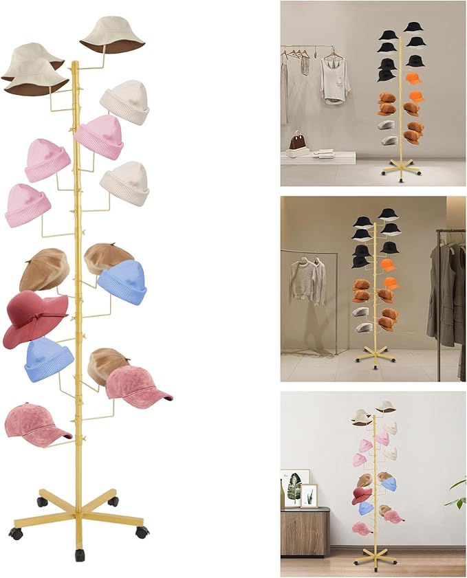 Hat Rack with 16 Circular Hooks, Metal Hat Display Stand, Freestanding Rotating Hat Stand, Adjustable Large Hats Display Rack, Modern Floor Wig Rack for Home Retail Store (Gold)