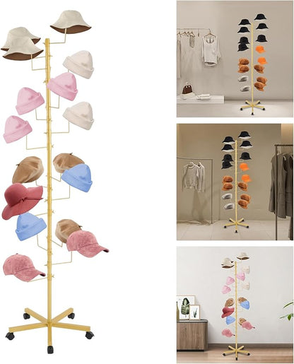 Hat Rack with 16 Circular Hooks, Metal Hat Display Stand, Freestanding Rotating Hat Stand, Adjustable Large Hats Display Rack, Modern Floor Wig Rack for Home Retail Store (Gold)