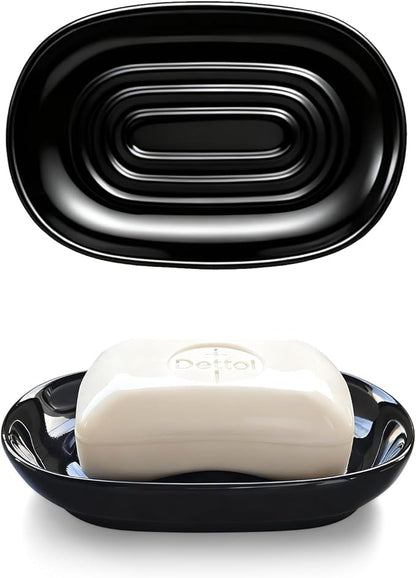 Ceramic Soap Dish for Bath Sink- Modern Black Bar Soap Holder for Shower - Easy to Clean Multi-Purpose Oval Soap Dishes for Soap Bar, Sponges, Jewelry, Small Items | Fits Bathroom & Kitchen