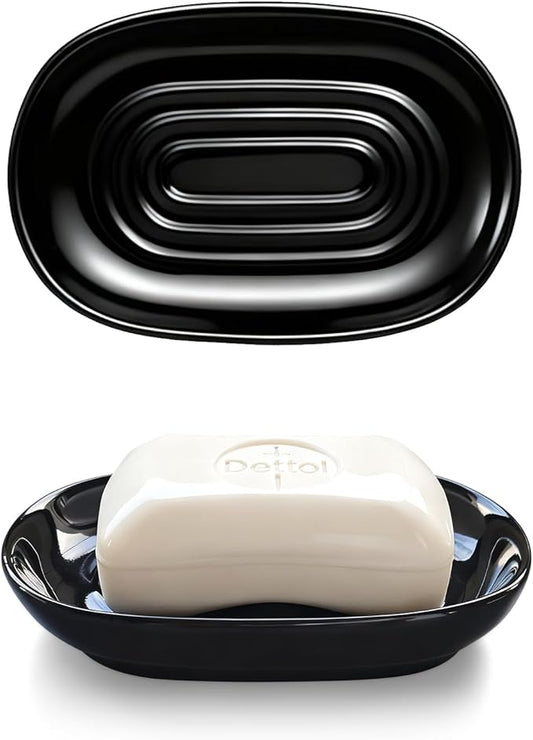 Ceramic Soap Dish for Bath Sink- Modern Black Bar Soap Holder for Shower - Easy to Clean Multi-Purpose Oval Soap Dishes for Soap Bar, Sponges, Jewelry, Small Items | Fits Bathroom & Kitchen