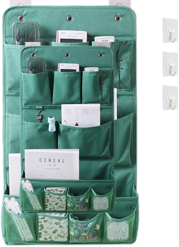 Hanging Organizer with Pockets – Wall & Door Storage Bag with 3 Sticky Hooks – Hanging Storage Organizer for Bathroom, Bedroom, Closet, Dorm, Washing Table (3Layer, Green)