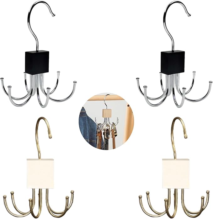 Belt Hanger, 4Pcs Belt Organizer for Closet 360°,Rotatable Max 48 Belt Storage Rack Space Saving Storage Rack for Belt, Bra, Tank Top, Tie, Scarf (2White 2Black)