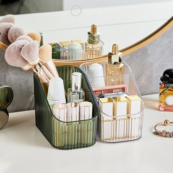 Makeup Organizer Cosmetics Storage Box, Large Capacity Make Up Brush Holder Organizer Vanity Accessories, Bathroom Countertops, Desk Storage Container, Cosmetic Display cases(Green-S)