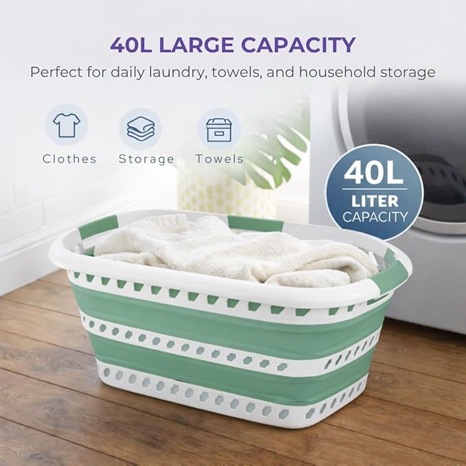 Laundry 360 Collapsible Laundry Basket | Portable | Space Saver Storage | Hold 2 Loads | Store Under the Bed or Closet | Good for Kids | Dorm | Bedroom | Large | White/Sage