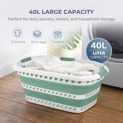 Laundry 360 Collapsible Laundry Basket | Portable | Space Saver Storage | Hold 2 Loads | Store Under the Bed or Closet | Good for Kids | Dorm | Bedroom | Large | White/Sage